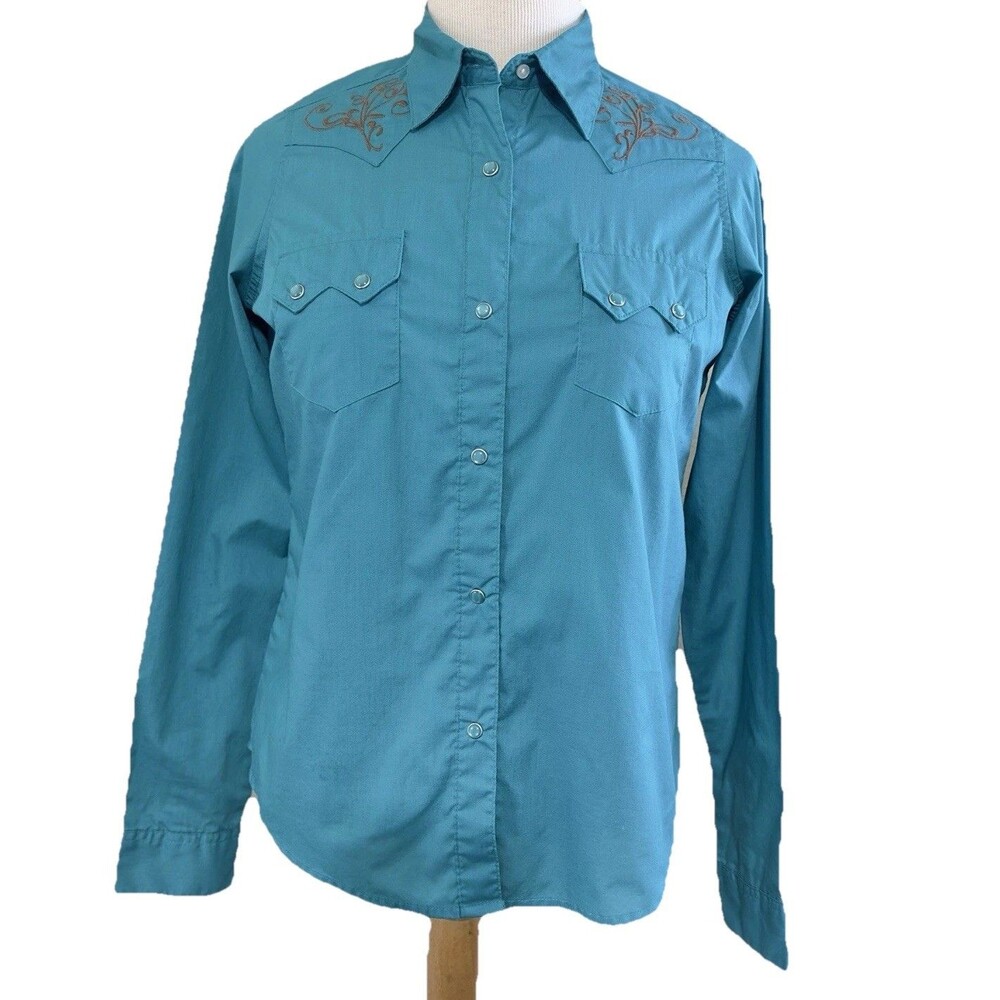 Wrangler Shirt Womens Wrancher Pearl Snap Embroidered Western Teal Sz Sm
